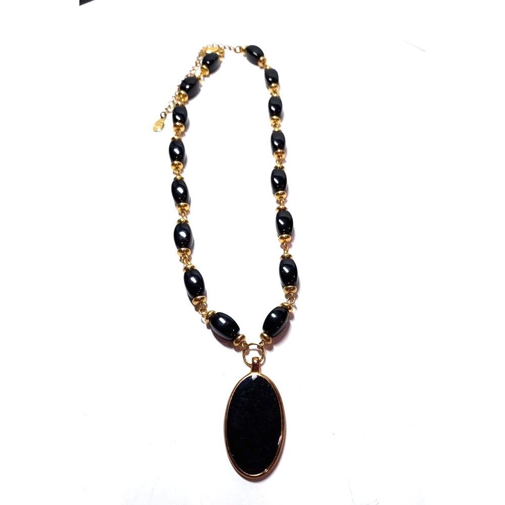 Necklace - Christina Herrara Black and Gold Beaded Drop Pendant